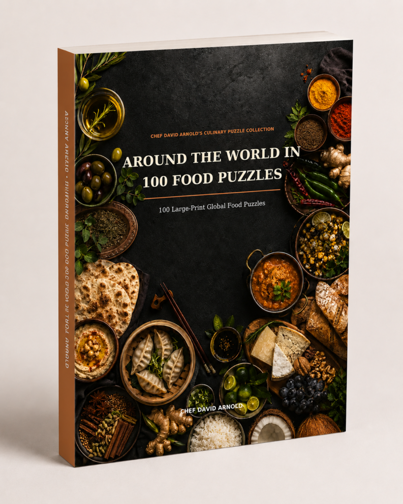 Around the World in 100 Food Puzzles by Chef David Arnold — 3D book cover