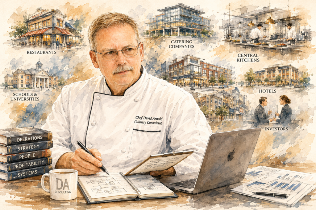 Illustration of Chef David Arnold considering an operational problem