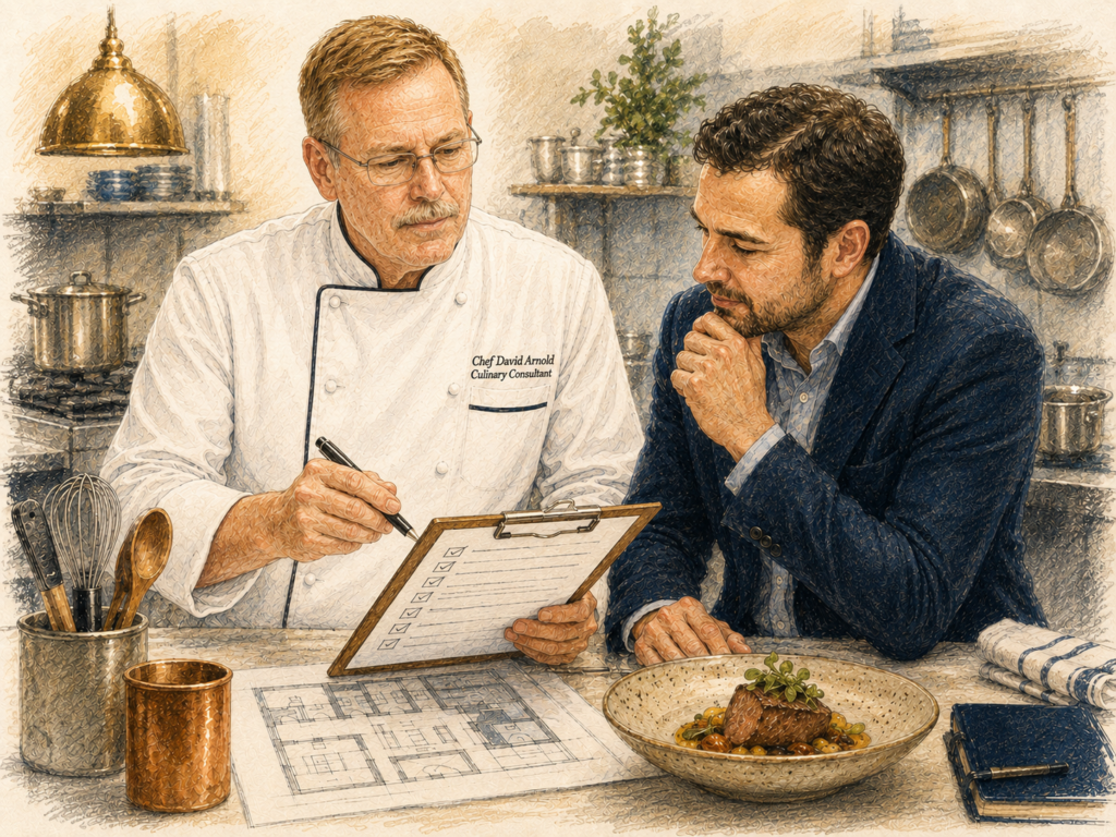 Illustration of Chef David Arnold reviewing an operational checklist with a colleague