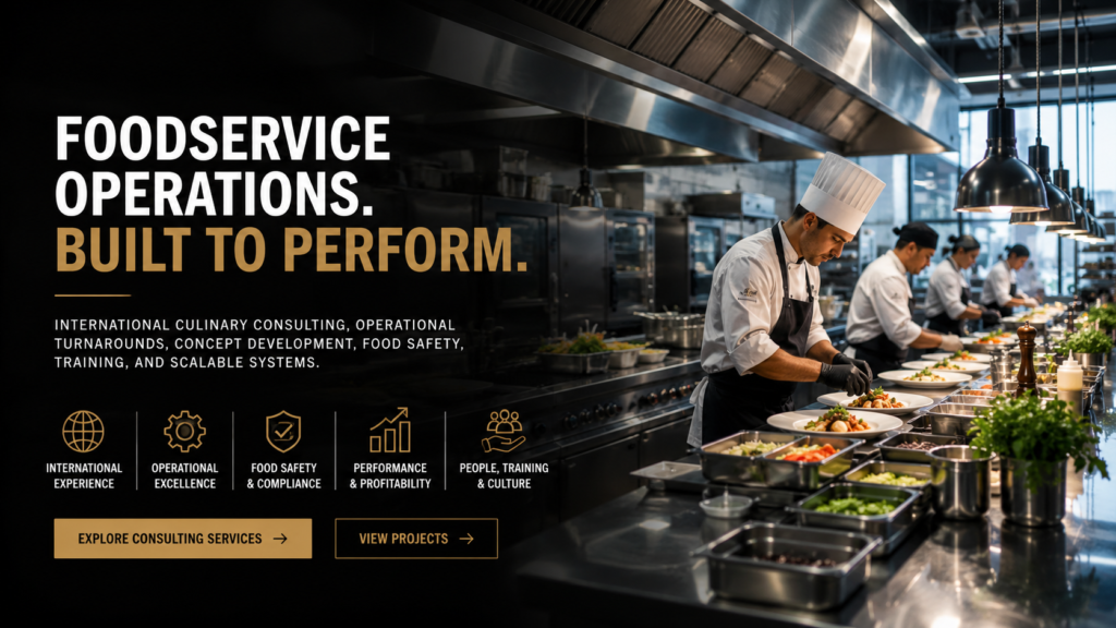 Professional commercial kitchen representing international foodservice operations and culinary consulting