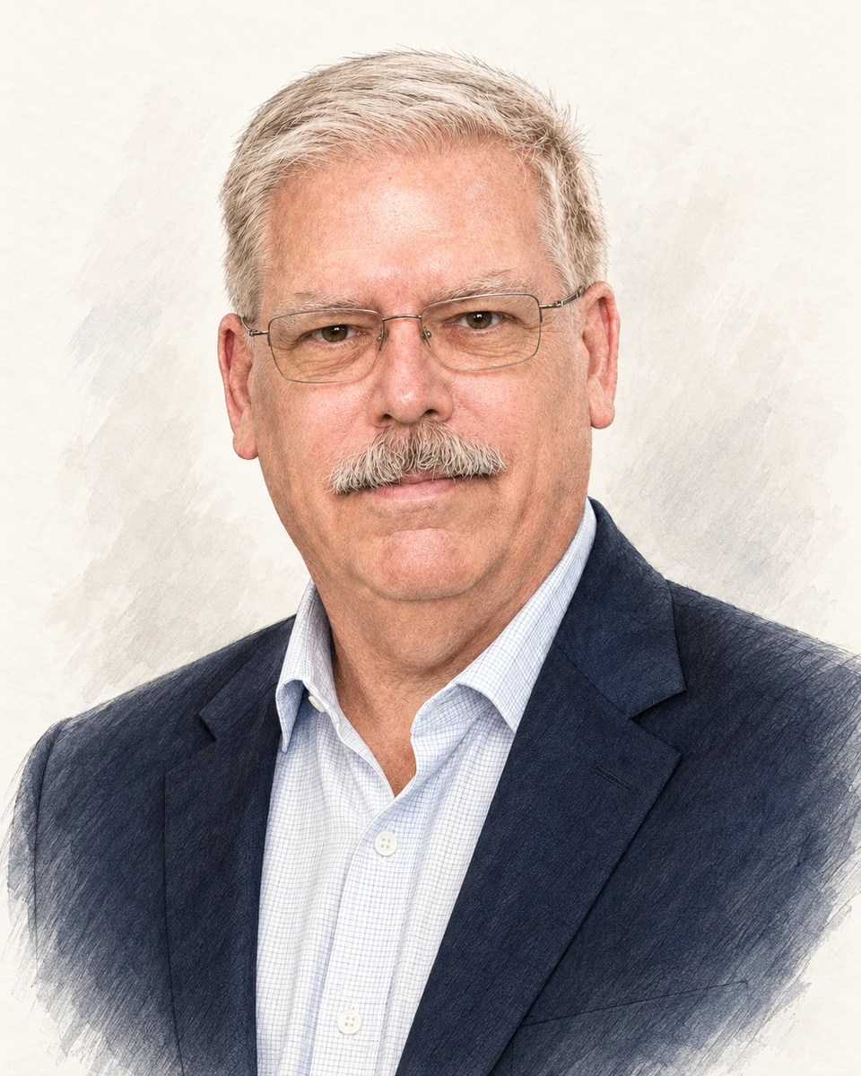 Illustrated portrait of Chef David Arnold in a blazer