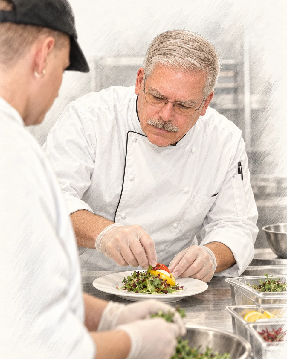 Illustration of Chef David Arnold plating a dish with another cook assisting in the foreground
