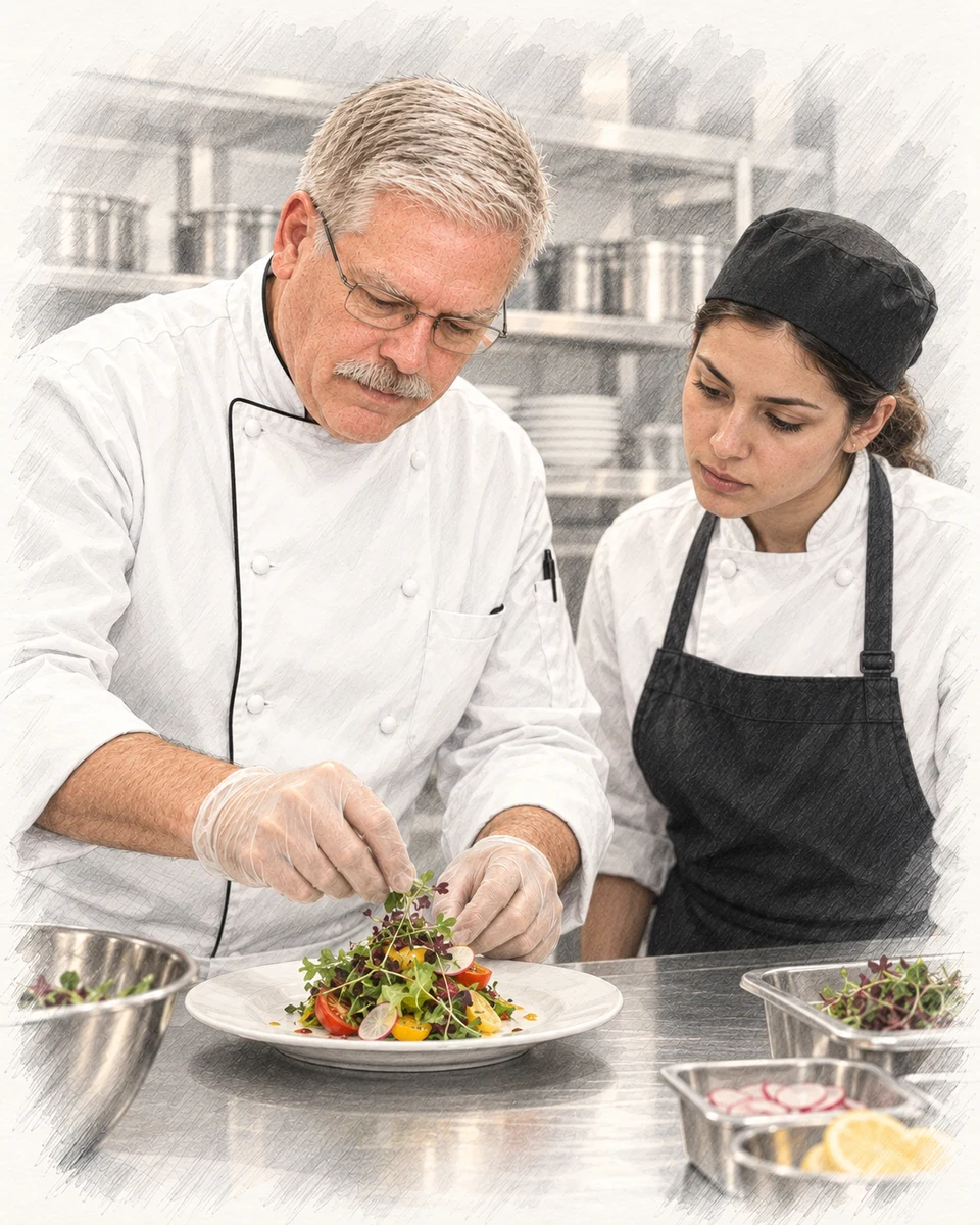 Illustration of Chef David Arnold demonstrating plating while a female cook watches closely