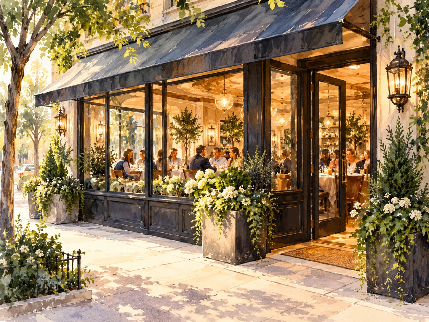 Watercolor illustration of a welcoming bistro exterior glowing in late-afternoon sunlight
