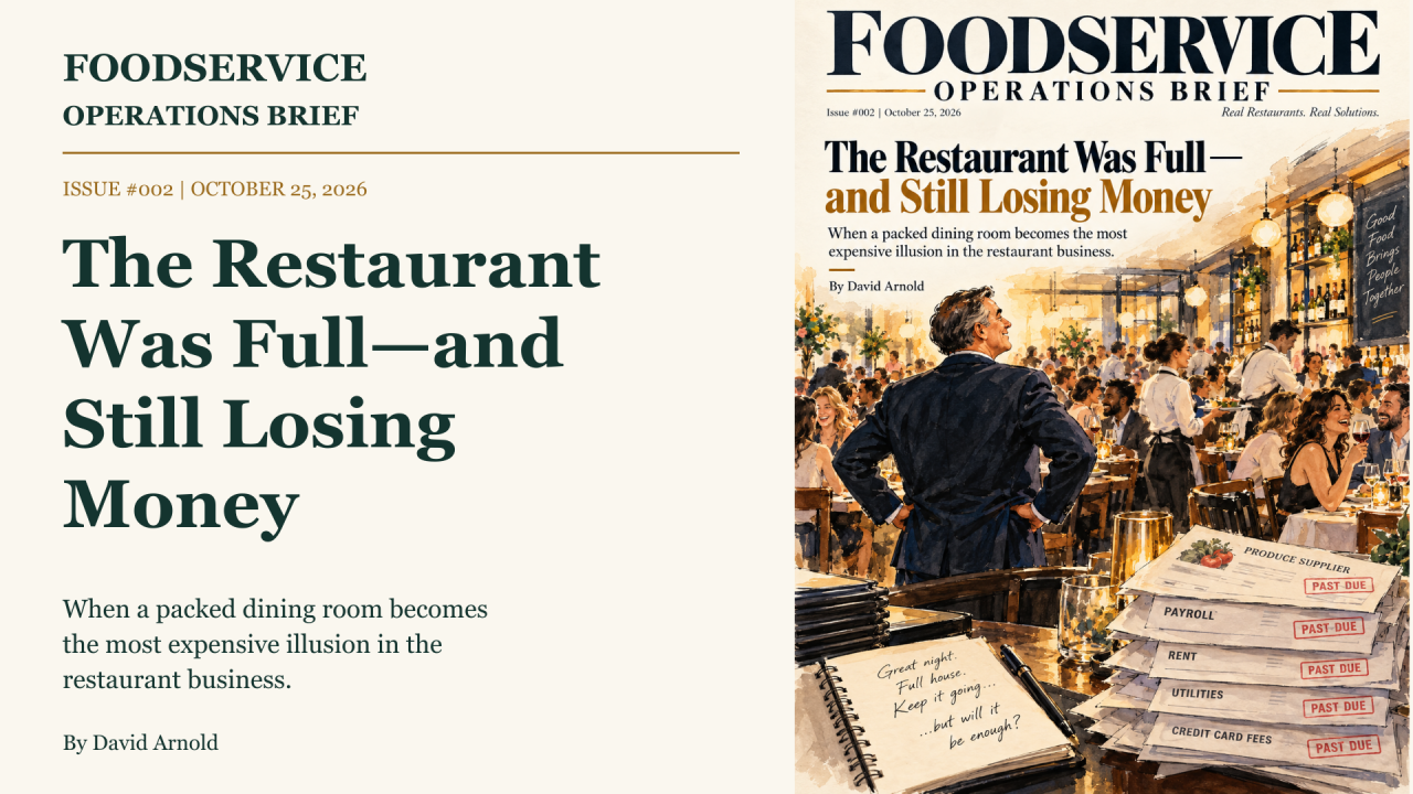Foodservice Operations Brief Issue 002 watercolor cover: a full restaurant and unpaid operating bills