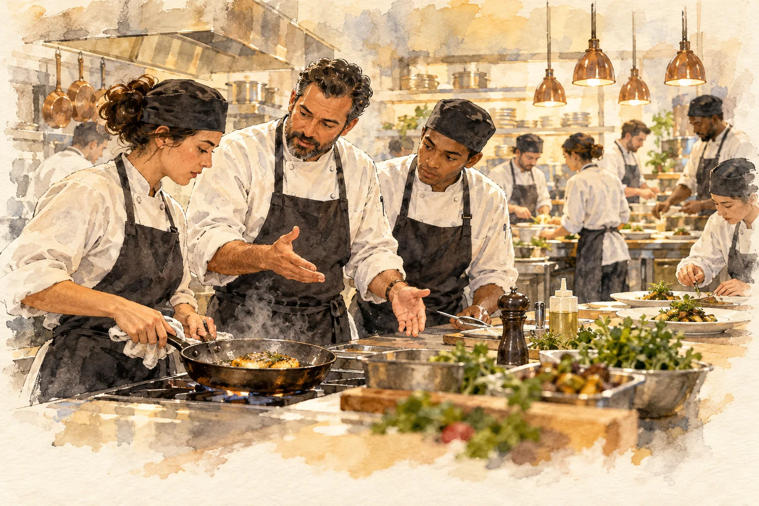Watercolor of a chef mentoring two cooks in a working restaurant kitchen