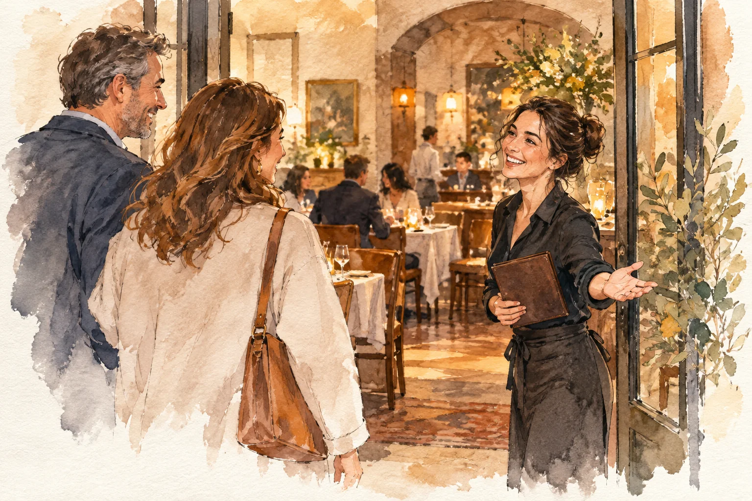 Watercolor of a restaurant host warmly recognizing guests at the entrance