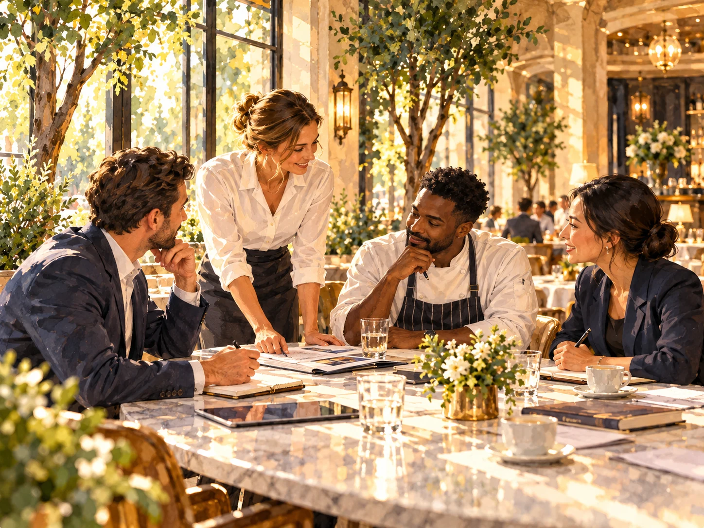 Watercolor illustration of a chef and hospitality managers reviewing plans together at a restaurant table